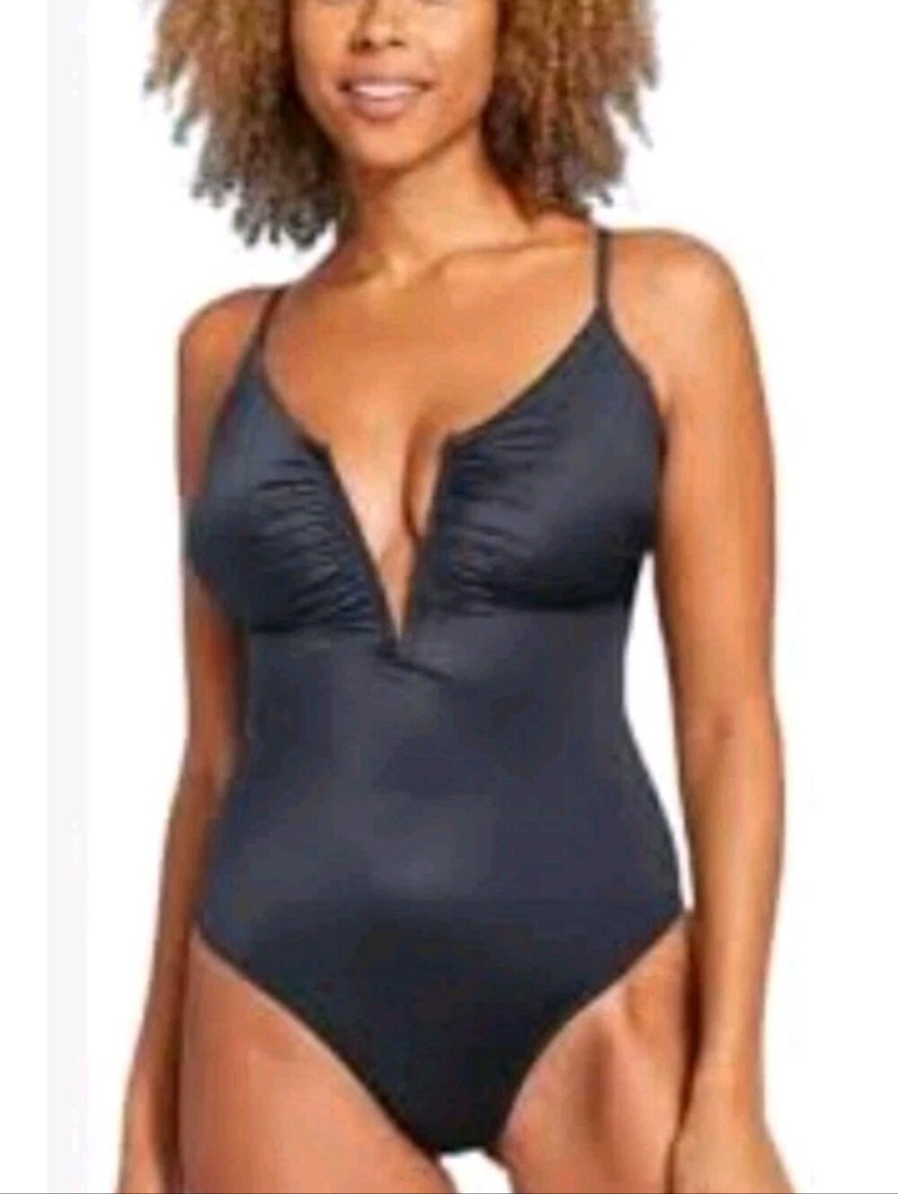 Women's Small 4-6  Shirred V-Wire Plunge Swimsuit Shade & Shore Dark Gray Shine
